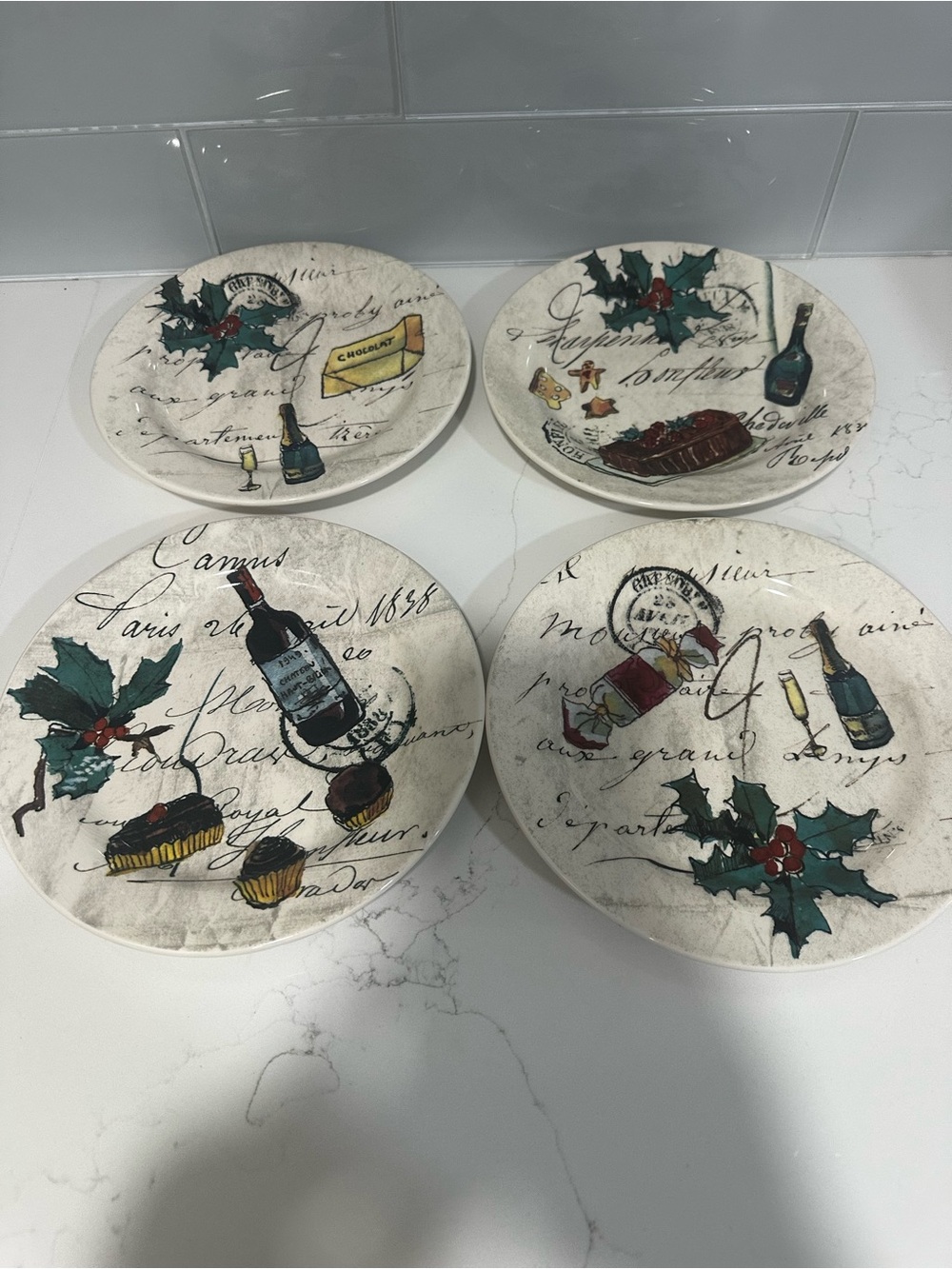 Set of 4 Williams-Sonoma Wine Champagne Themed 8 3/4" Holiday Dessert Plates
